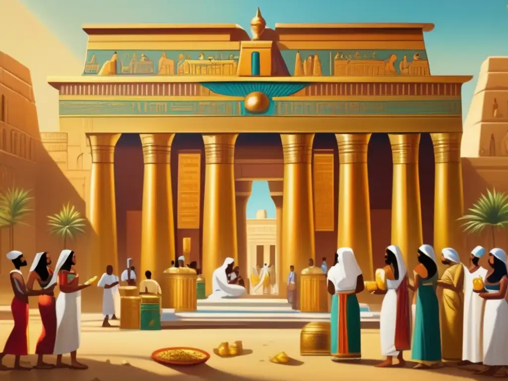 Una pintura vintage bellamente conservada que representa una escena vibrante de un templo egipcio