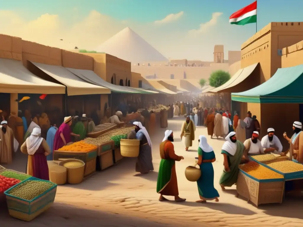 Una pintura vintage que muestra la interacción cultural entre Mesopotamia y Egipto en un bullicioso mercado