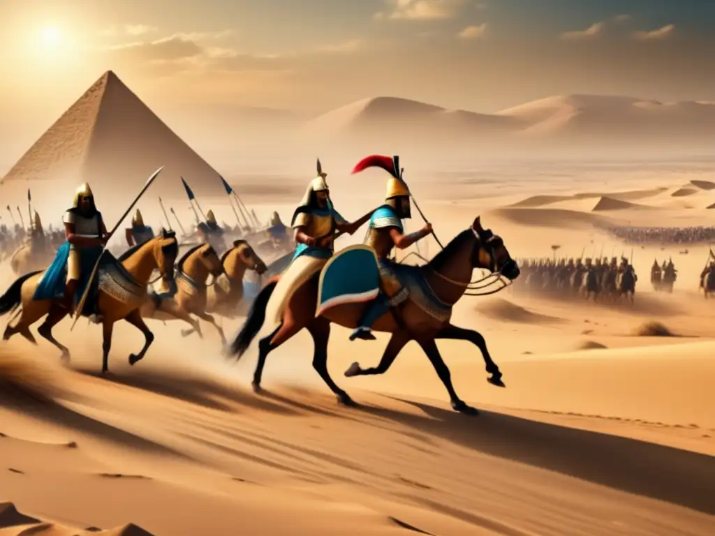 Una pintura vintage detallada muestra una batalla en el antiguo Egipto durante el periodo tardío