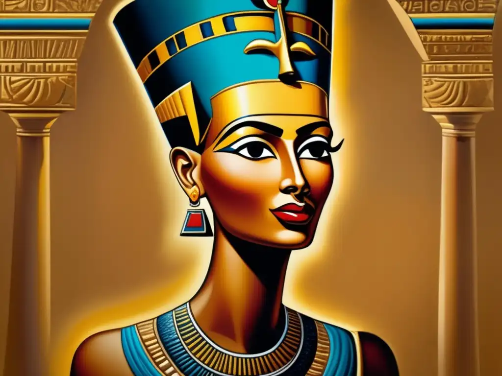 Una pintura vintage exquisitamente detallada muestra el icónico busto de la Reina Nefertiti, esculpido durante el período de Amarna