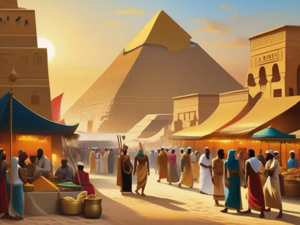 Una pintura vintage exquisita muestra el bullicioso mercado en el antiguo Egipto