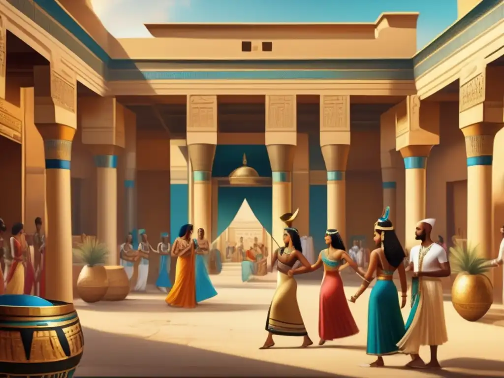 Esplendor egipcio: Música y danza en un palacio antiguo Una pintura vintage que muestra un exuberante patio de un palacio en el antiguo Egipto