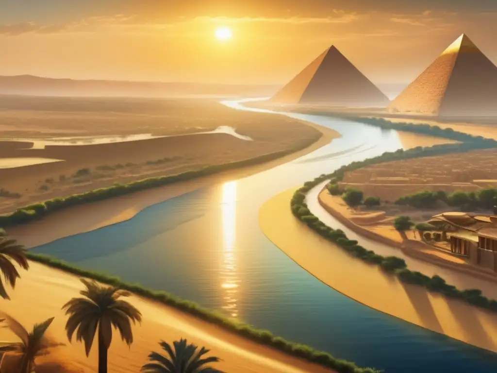 Una pintura vintage inspirada en el antiguo Egipto, con la majestuosa escultura de los elementos acuáticos del río Nilo como enfoque central
