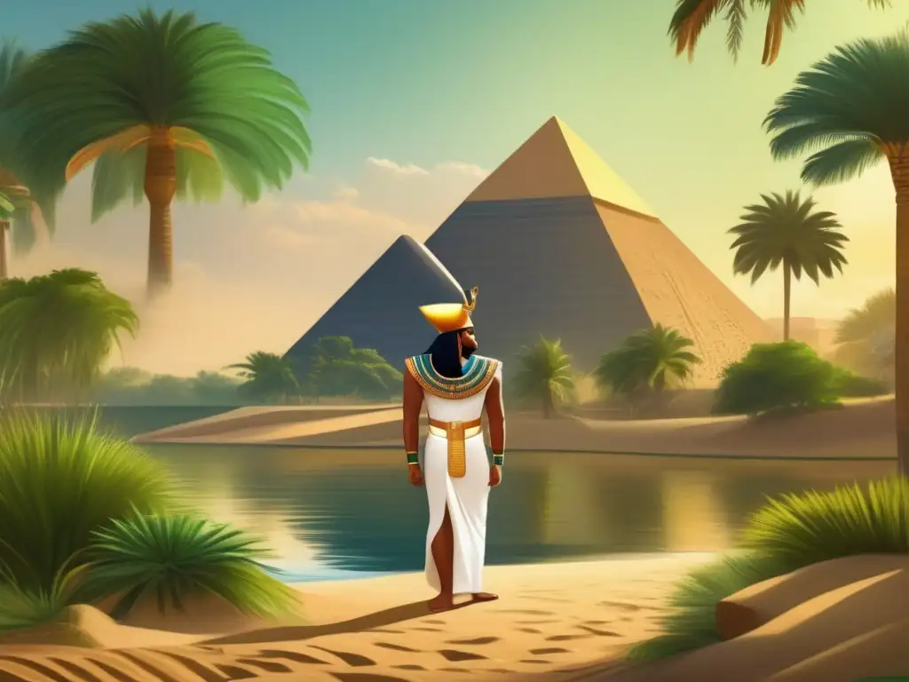 Una pintura vintage muestra un paisaje sereno de la antigua pintura egipcia, con elementos acuáticos y una paleta de colores terrosos