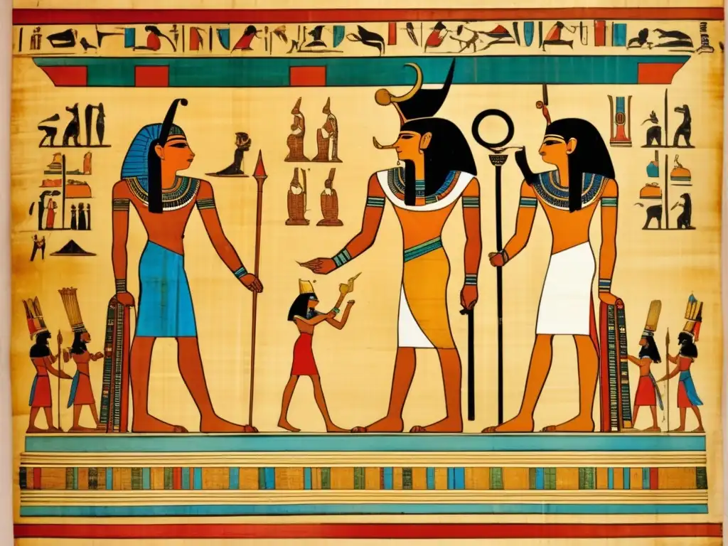 Una pintura vintage en papiro, muestra la reconciliación política en el Antiguo Egipto
