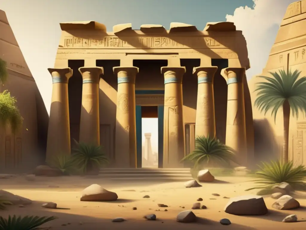 Una pintura vintage muestra un templo egipcio en ruinas durante el Tercer Periodo Intermedio