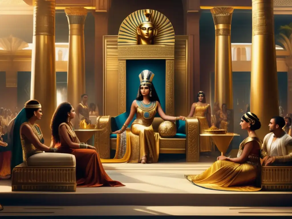 Una pintura vintage titulada 'El Banquete de Cleopatra: Una Fusión de la Cultura Egipcia y Romana