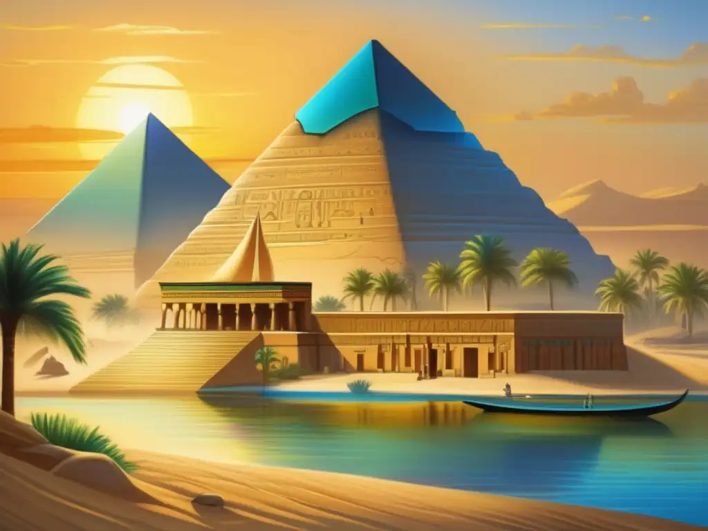 Una pintura vintage vibrante y detallada que muestra la grandeza de la arquitectura egipcia antigua durante la XIX Dinastía