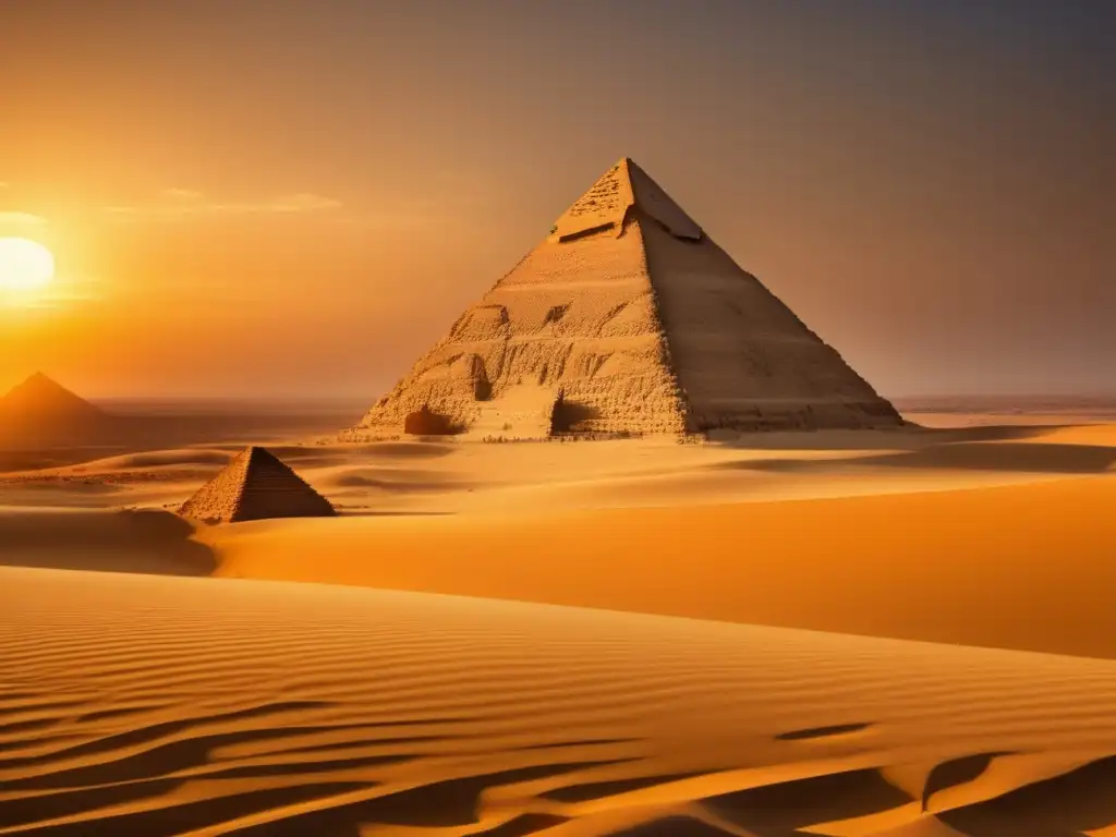 La Pirámide Olvidada de Lahun, bañada por el cálido resplandor del sol poniente, se erige majestuosa en el vasto desierto egipcio