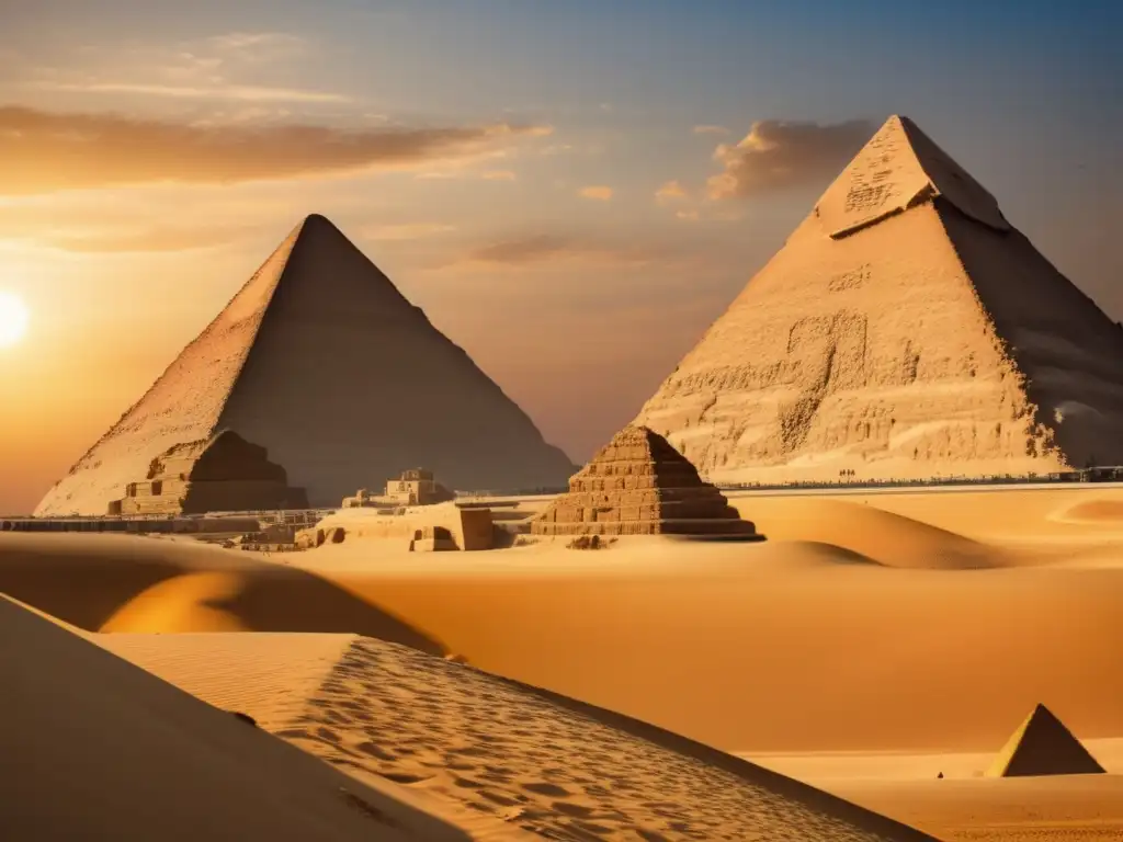 Las pirámides de Giza, bañadas por la cálida luz dorada del sol, se alzan majestuosas contra un cielo azul despejado