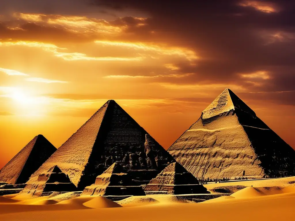 Las pirámides de Egipto emergen majestuosas contra un atardecer dorado, evocando la diplomacia egipcia y los conflictos regionales