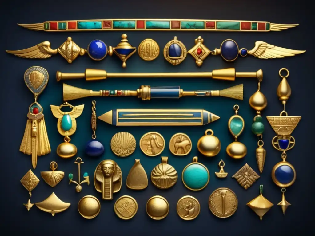 El poder de los amuletos egipcios: Una colección vintage de amuletos egipcios, cuidadosamente dispuestos sobre terciopelo oscuro