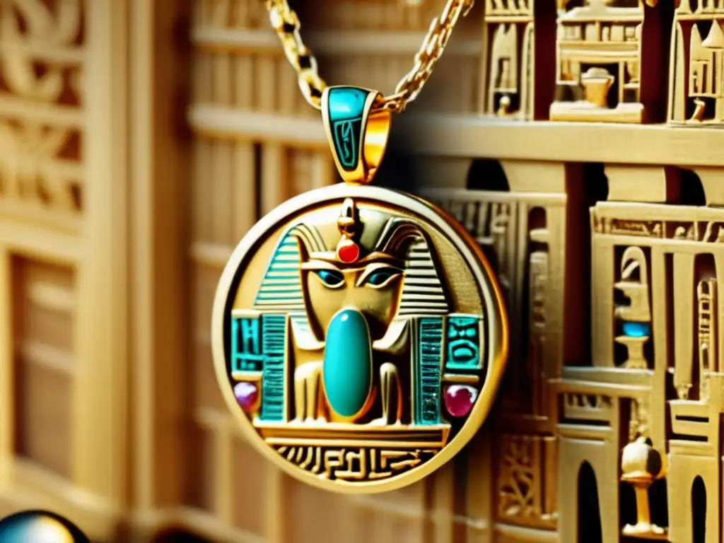 El poder de los amuletos egipcios cobra vida en esta imagen vintage: un amuleto egipcio bellamente elaborado, con jeroglíficos intrincados y gemas vibrantes, colgando de una cadena delicada
