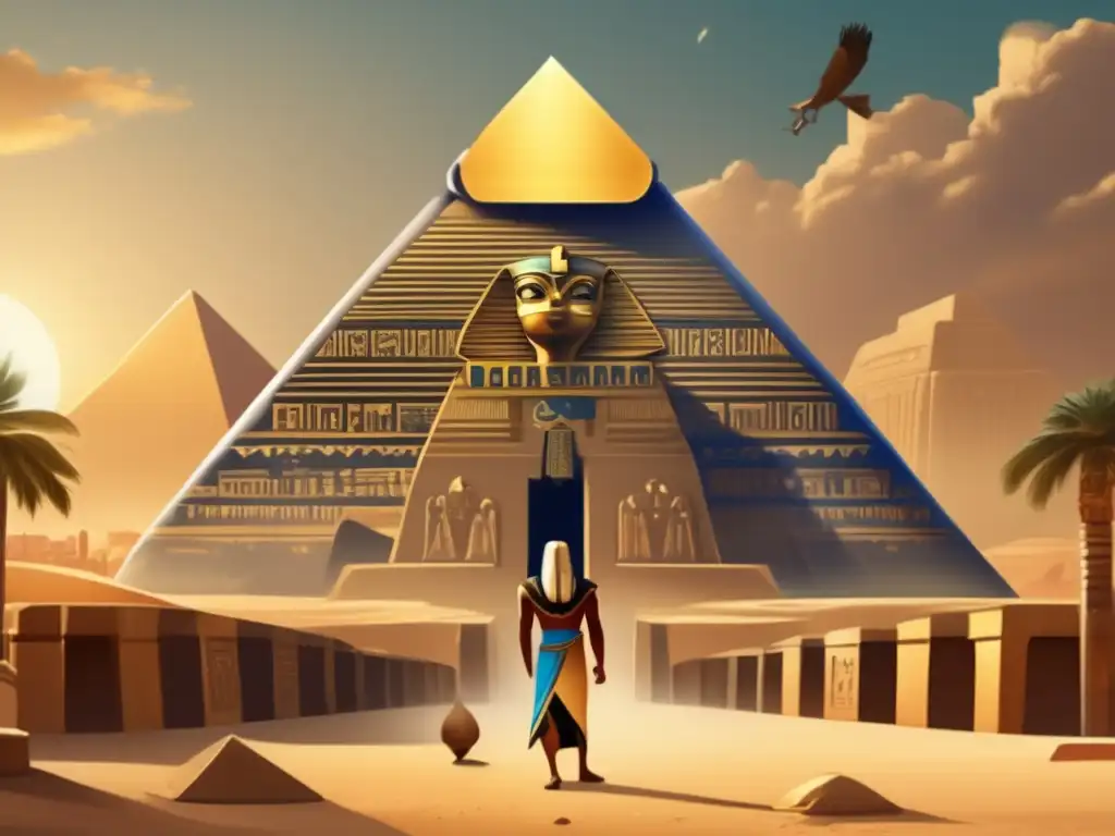 El poder de los amuletos egipcios cobra vida en una ilustración detallada, mostrando un escenario hipnótico de templos y pirámides antiguas