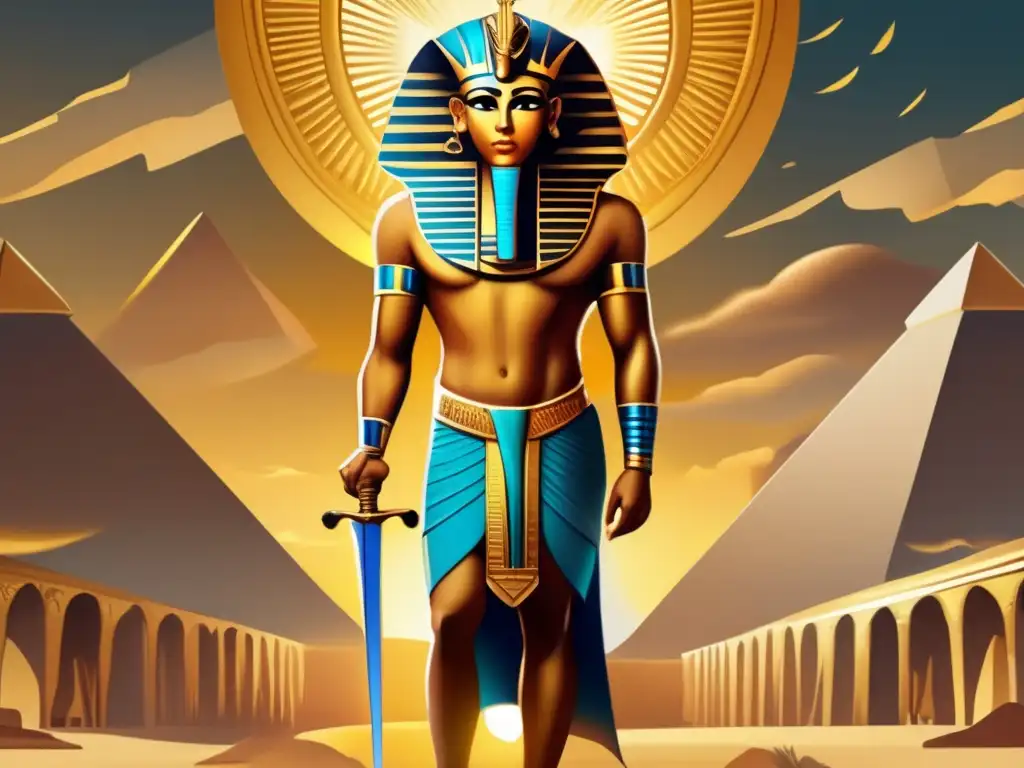 El poder y la majestuosidad del Khopesh egipcio en una pintura inspirada en la mitología y el arte de Egipto