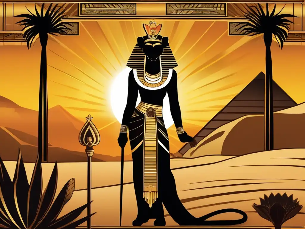 La poderosa diosa Sekhmet, mitad guerrera y mitad sanadora, emerge en el desierto al atardecer, irradiando fuerza y compasión