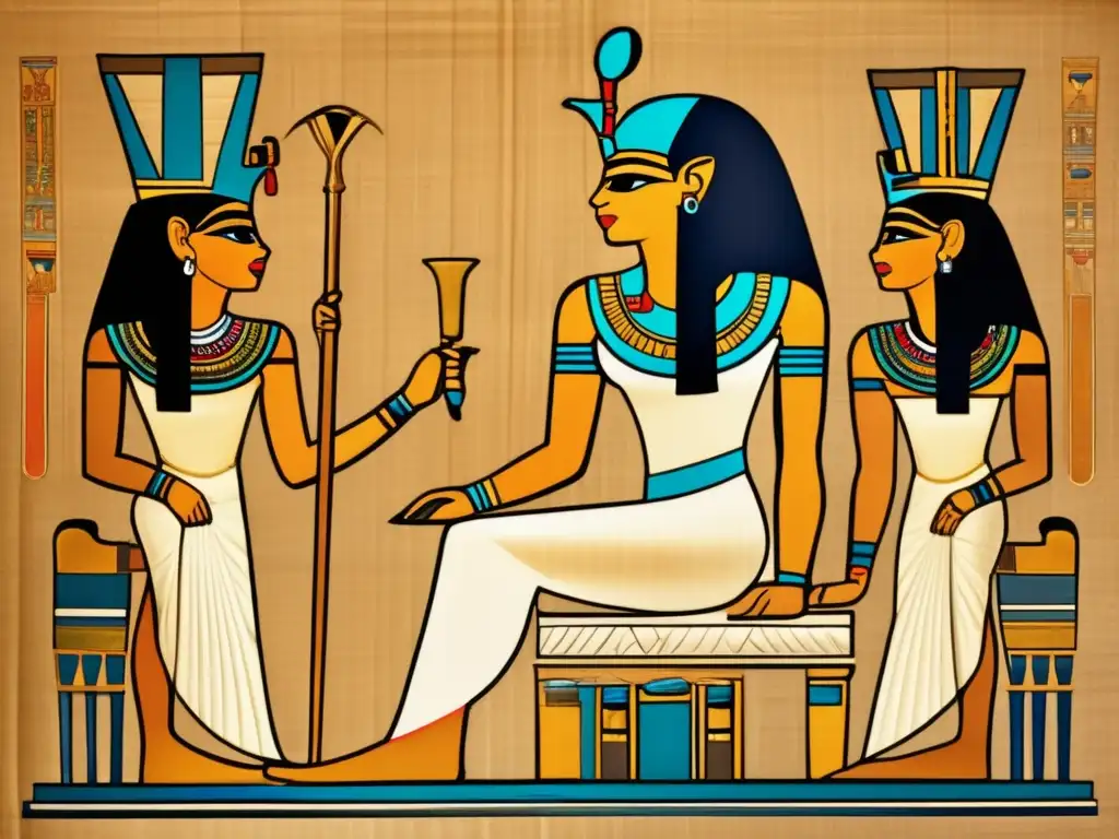 Poderosa Faraona egipcia en un antiguo papiro, rodeada de consejeros y cortesanos
