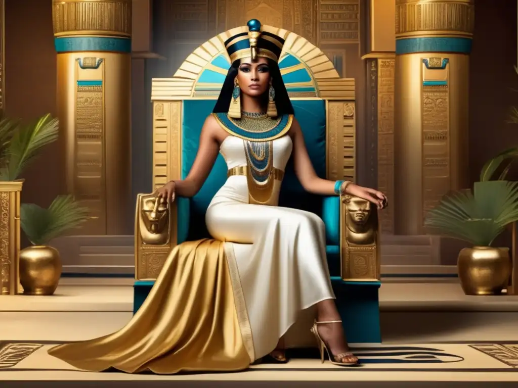 Cleopatra, figura poderosa y regia, rodeada de un lujoso palacio egipcio