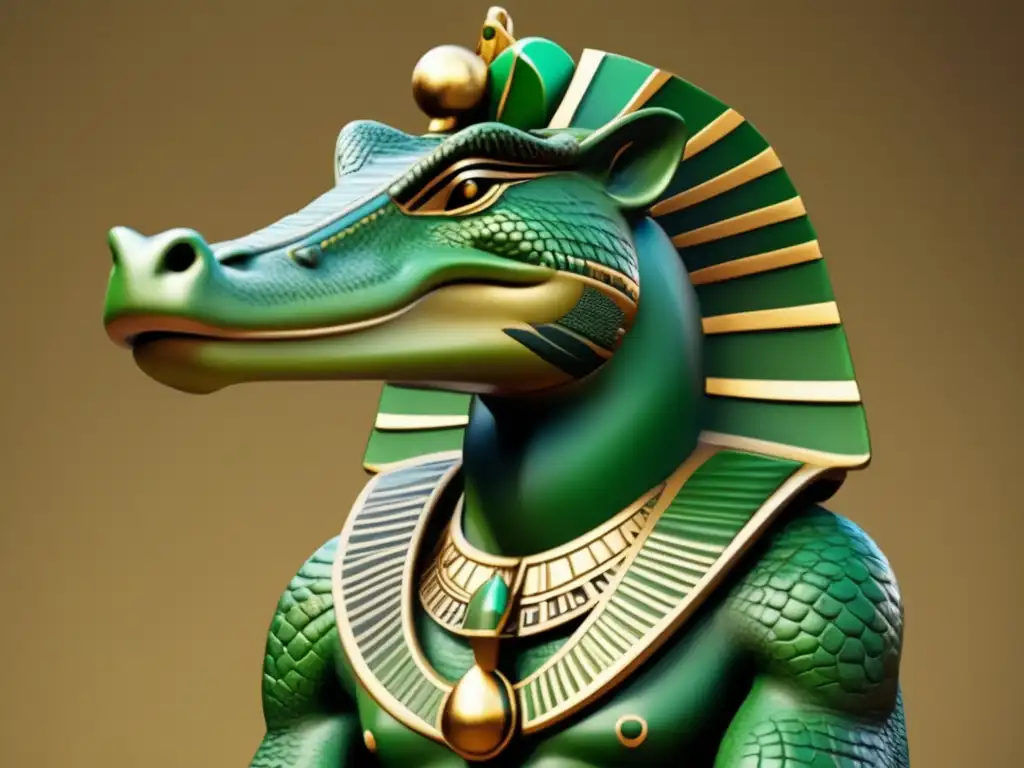 Sobek, el Dios Cocodrilo de Fertilidad y Protección: Una obra de arte vintage que muestra la majestuosidad y poder de la antigua deidad egipcia Poderoso Dios Sobek, deidad egipcia de la fertilidad y protección, representado en arte vintage con detalles intrincados