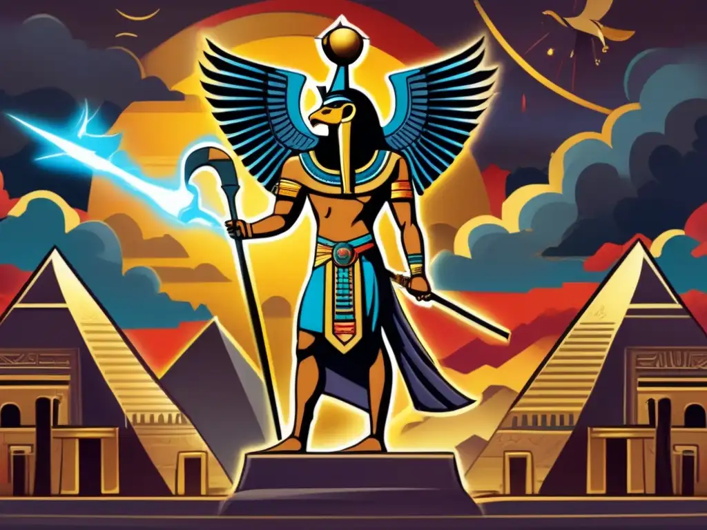 El poderoso dios Horus se alza en el centro, sosteniendo un báculo dorado con cabeza de halcón