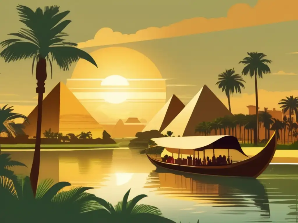 El poderoso Nilo fluye a través del antiguo paisaje egipcio, rodeado de exuberante vegetación y palmeras
