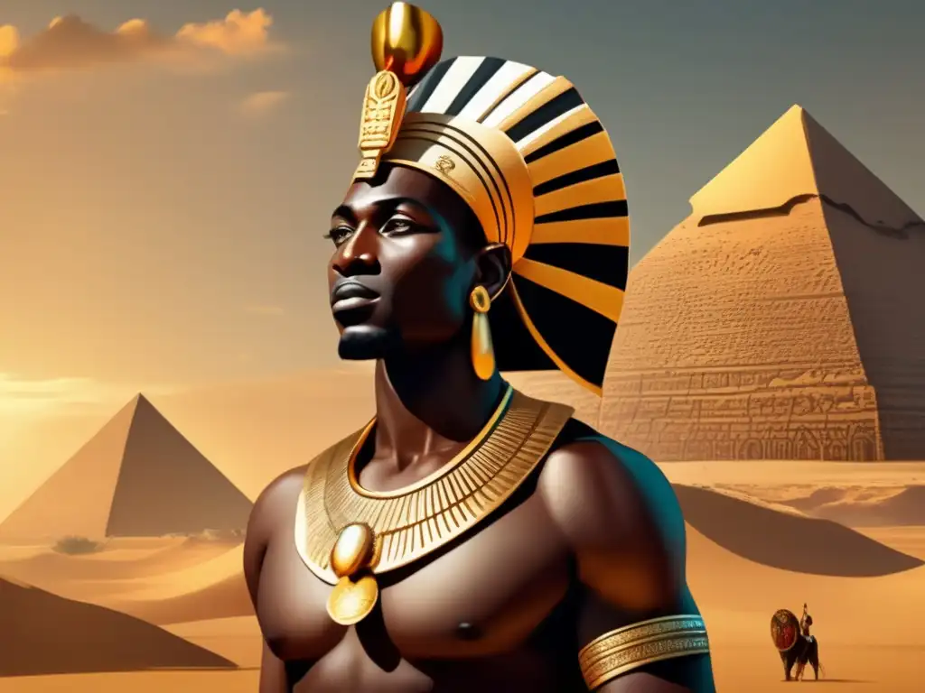 El poderoso faraón nubio de la XXV Dinastía de Egipto emerge con majestuosidad, simbolizando su autoridad y conquista