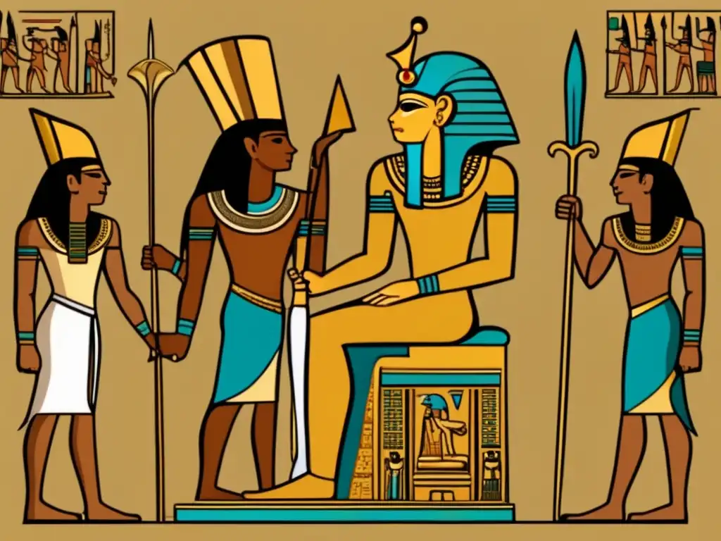 El poderoso faraón Snefru en su trono rodeado de soldados y equipo militar