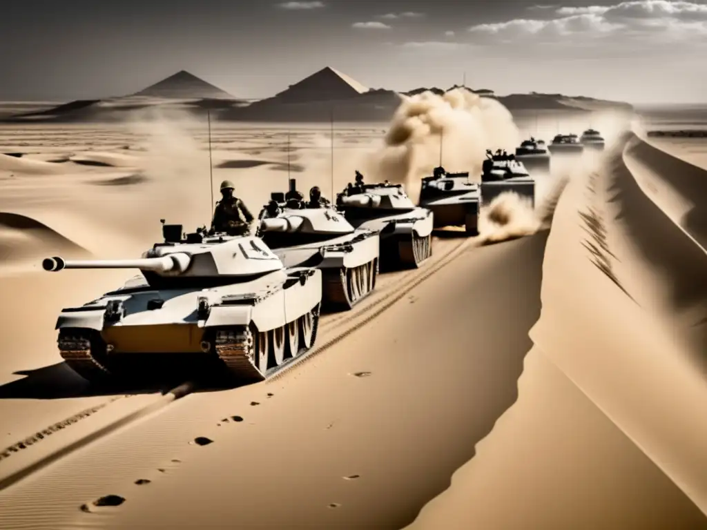 Poderosos carros del ejército egipcio avanzan en el desierto, protegiendo y avanzando los intereses del país