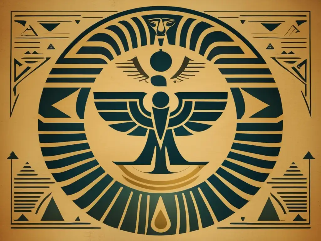 Un poster vintage con elementos de diseño moderno entrelazados con jeroglíficos egipcios