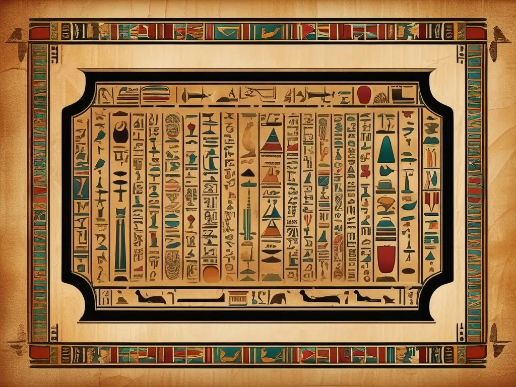 Un póster vintage que muestra jeroglíficos en diseño moderno, con una tableta egipcia antigua adornada con símbolos intrincados y colores vibrantes