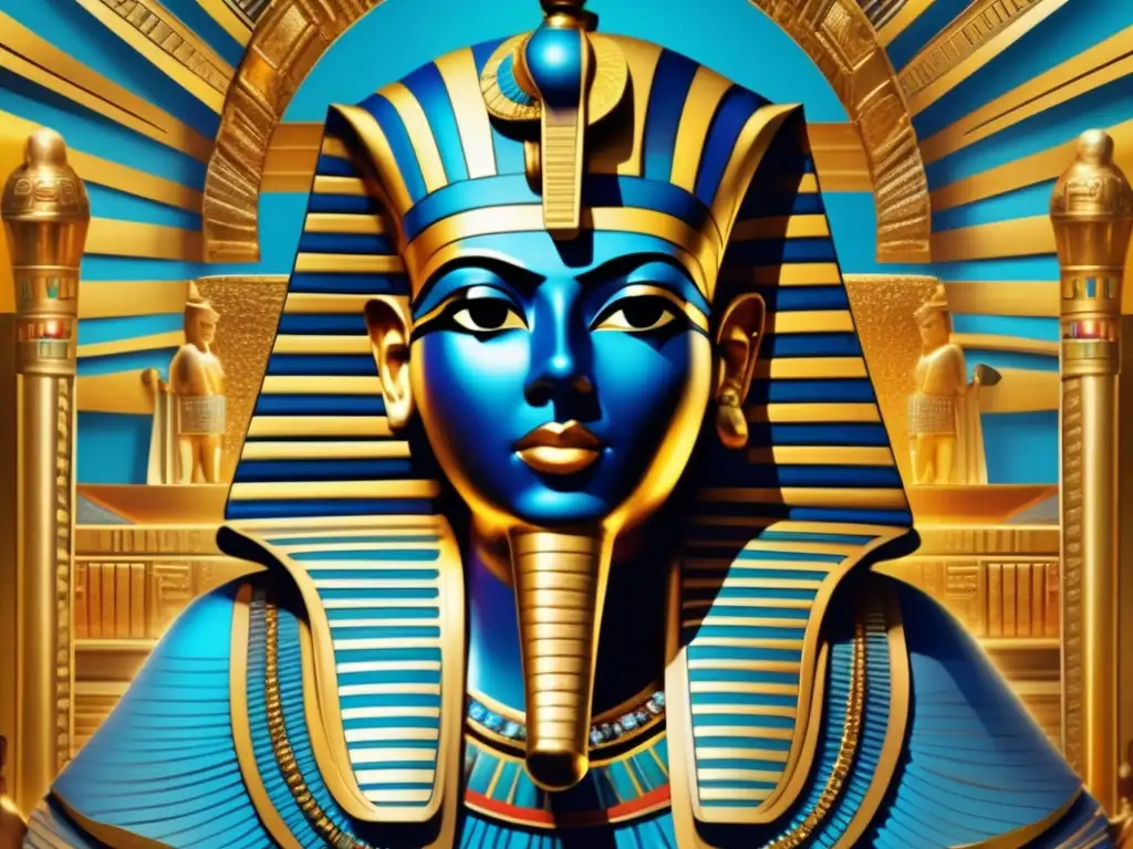 Un póster vintage de Tutankamón en el centro, rodeado de vibrantes jeroglíficos dorados