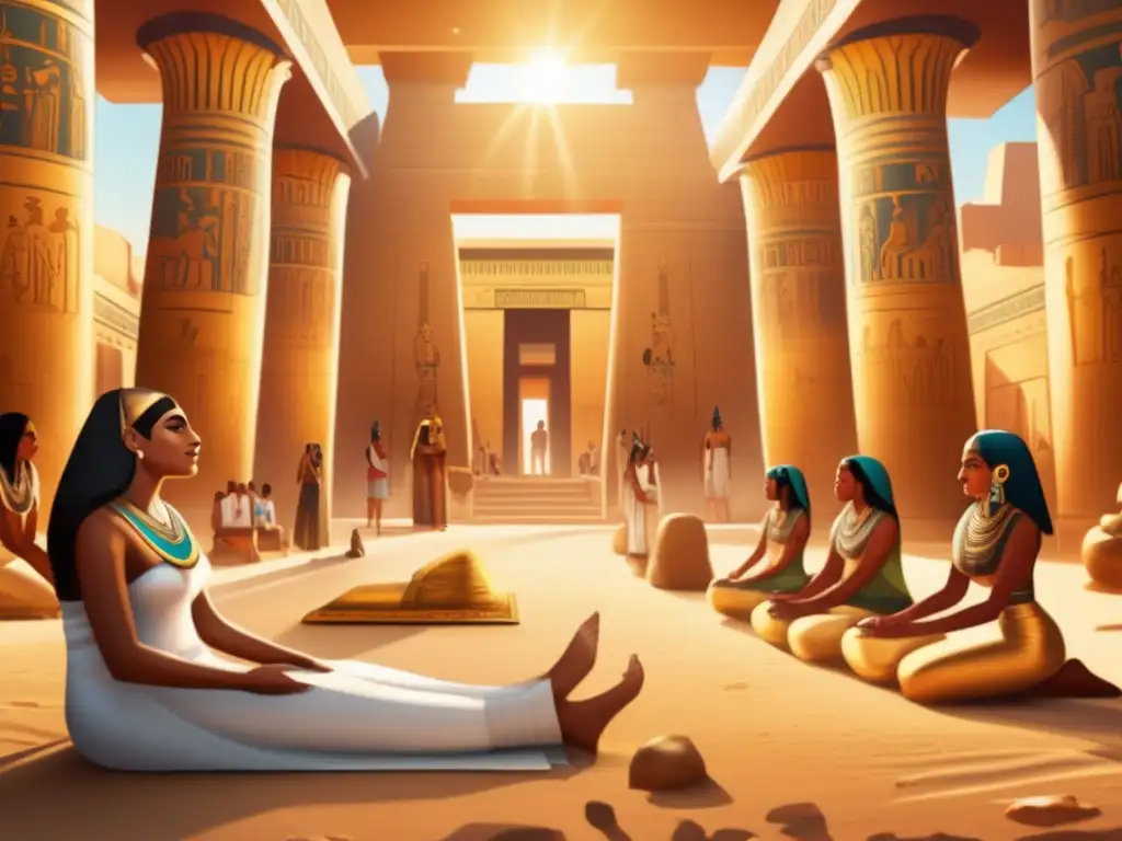 Prácticas curativas ancestrales en Egipto: Un templo antiguo bañado en cálida luz dorada, con jeroglíficos e imágenes divinas