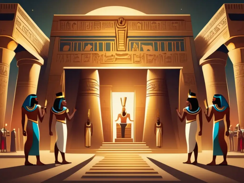 Prácticas esotéricas contemporáneas en el Antiguo Egipto: Un místico ritual en un templo iluminado por velas, con jeroglíficos y ofrendas