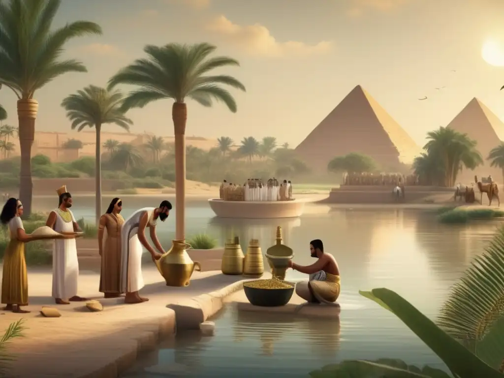 Prácticas de limpieza en Egipto: Ilustración vintage detallada de elegantes egipcios realizando rituales de higiene junto al majestuoso río Nilo