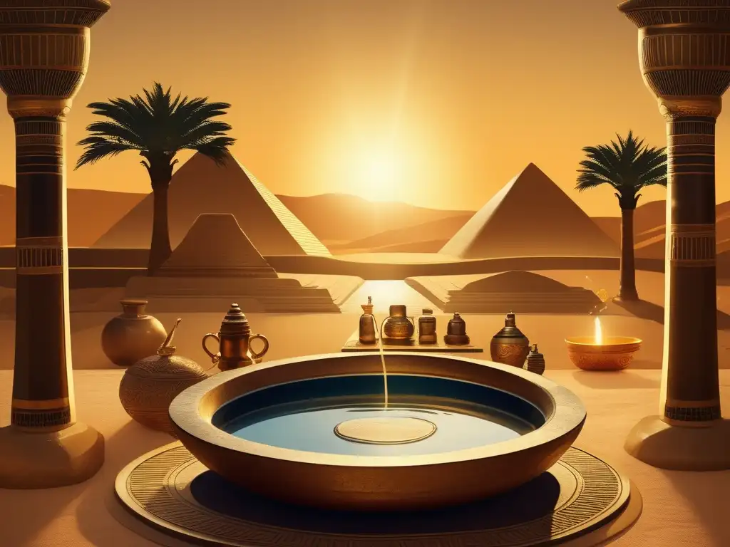 En Egipto, prácticas de limpieza envueltas en elegancia y sofisticación: un antiguo cuenco de piedra tallada, rodeado de utensilios y herramientas ornamentadas, refleja el cálido atardecer dorado