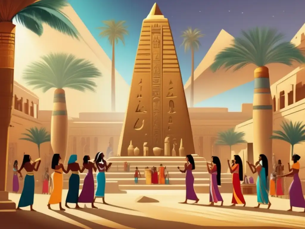 Prácticas religiosas del Antiguo Egipto: Antiguos egipcios realizando rituales sagrados en un patio soleado, rodeados de jeroglíficos
