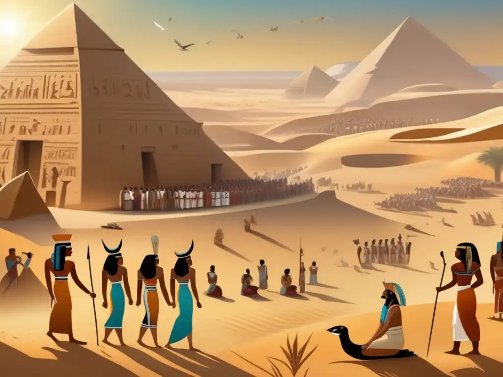 Prácticas religiosas Antiguo Egipto: Escena detallada de egipcios predinásticos realizando rituales en un paisaje desértico bañado por el sol