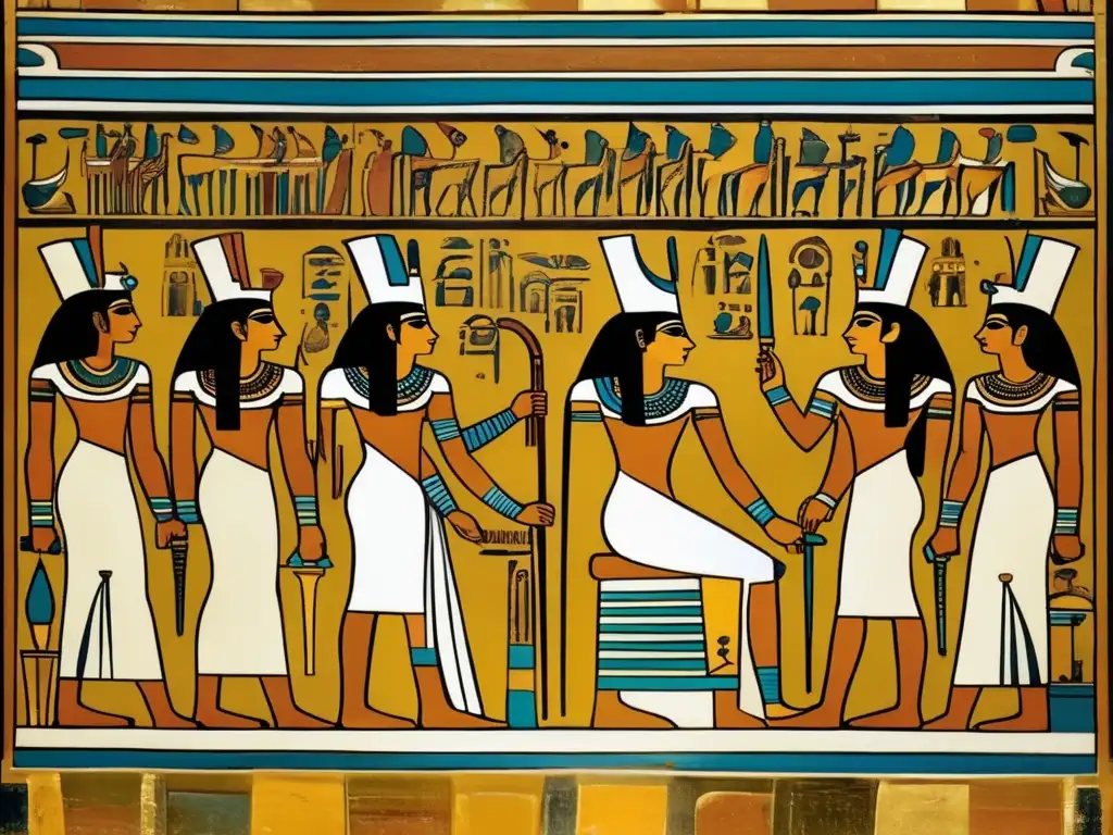 Los primeros faraones en Egipto: Un fresco detallado de la antigua dinastía egipcia, con pharaones en tronos dorados, rodeados de cortesanos y sacerdotes, en un ambiente histórico y poderoso