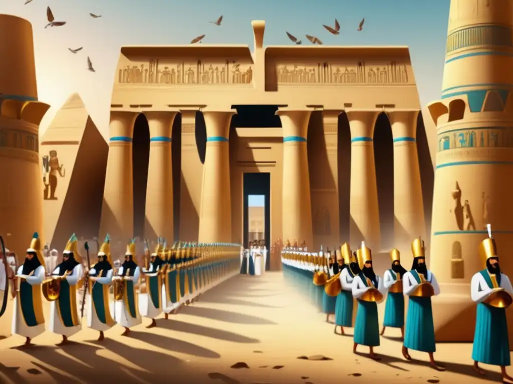 Una procesión ceremonial en el antiguo Egipto, con atuendos ceremoniales en festividades antiguas
