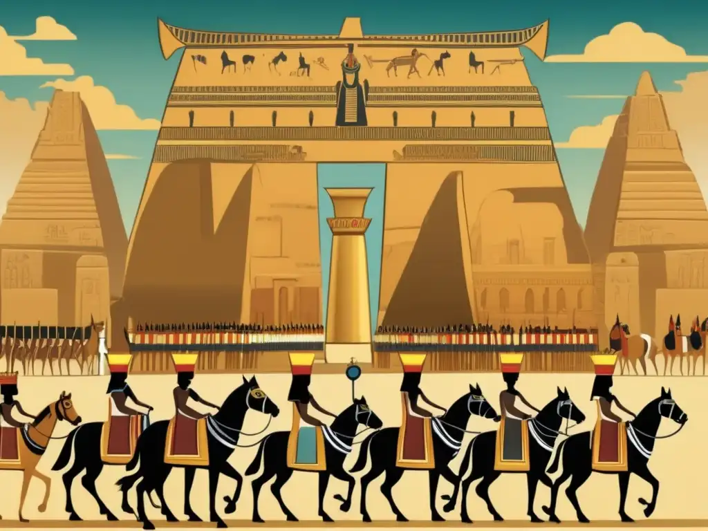 Una procesión ceremonial en el antiguo Egipto predinástico, con el poder político y la opulencia de las ceremonias en un majestuoso templo