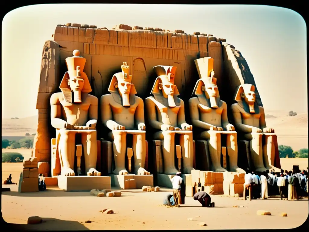 El proceso de construcción de los Colosos de Memnón, con trabajadores vistiendo atuendos egipcios antiguos, colocando bloques de piedra