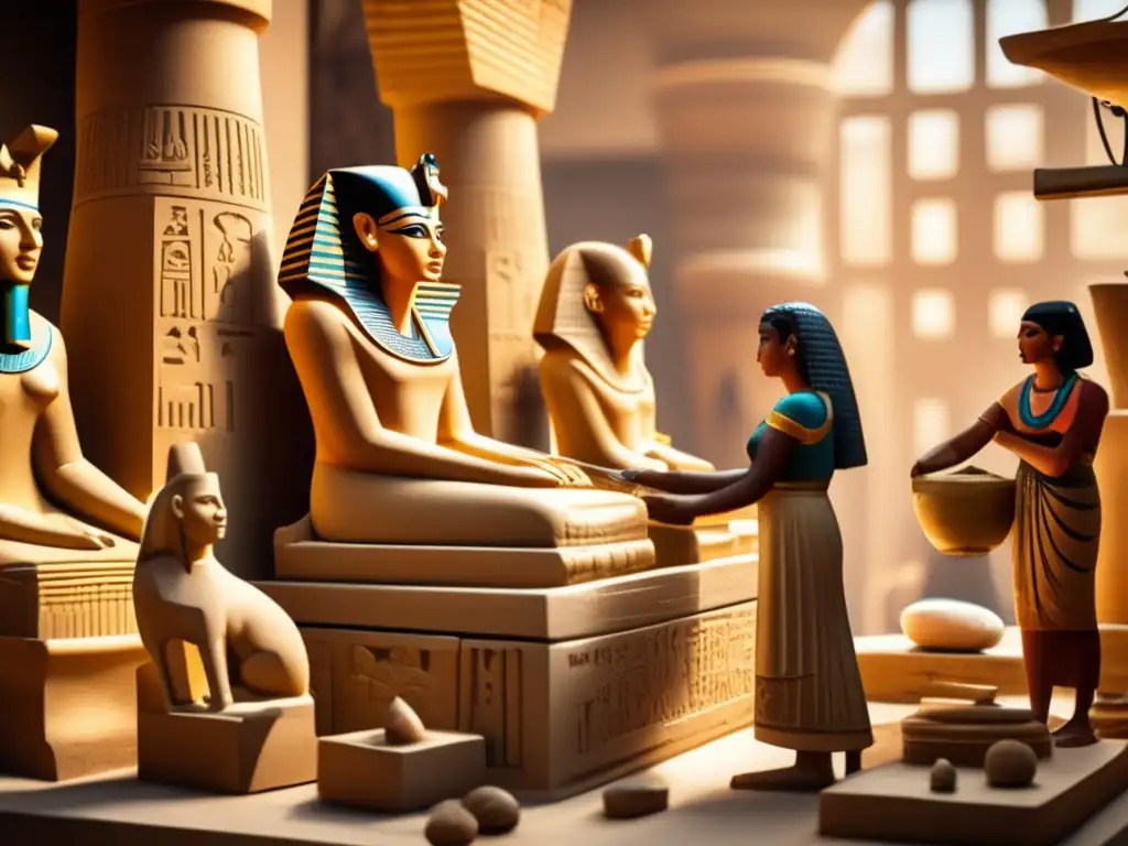 Proceso creación estatua egipcia: Un taller bullicioso en el antiguo Egipto, donde artesanos habilidosos dan vida a una magnífica estatua