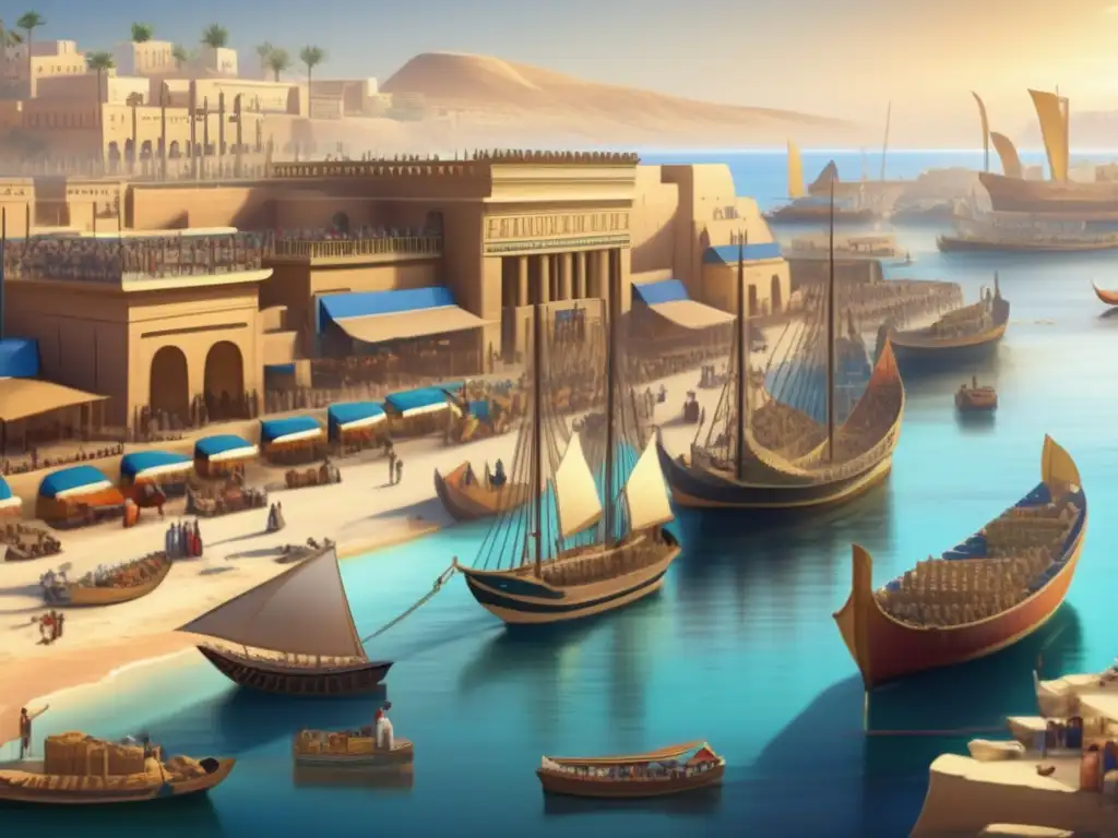 Un puerto antiguo en Egipto, bullicioso y vibrante, con barcos comerciales navegando y mercaderes intercambiando bienes