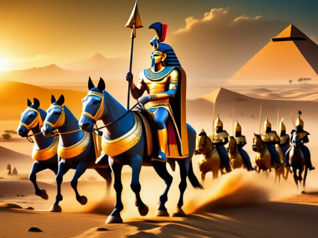 Ramsés II lidera sus conquistas en batalla, rodeado de su ejército y bajo el cálido sol del desierto