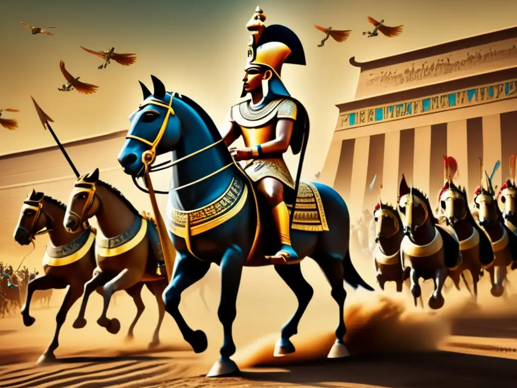 Ramsés II liderando su ejército en una batalla épica, con filtro vintage