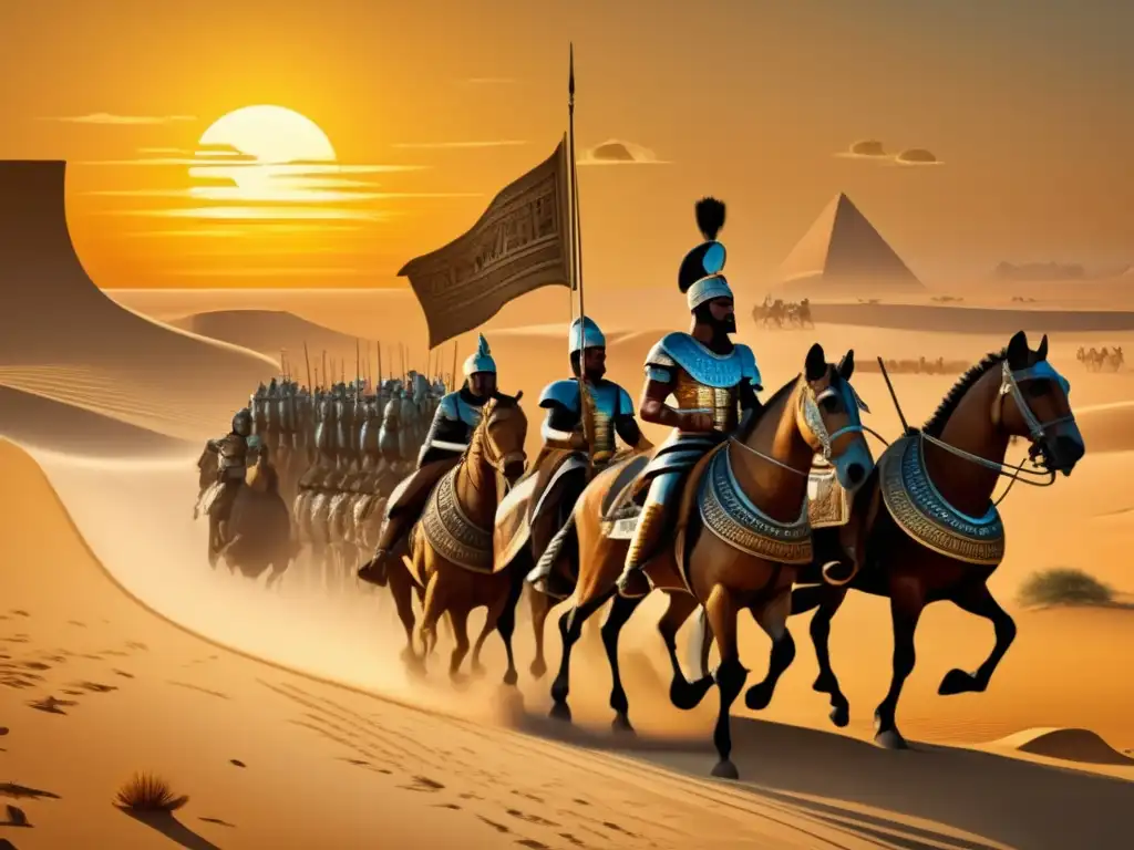 Ramsés II lidera su ejército en batalla, en un paisaje desértico al atardecer