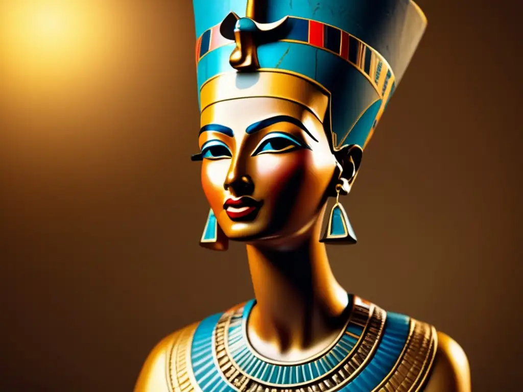 La icónica escultura de Nefertiti, con sus rasgos exquisitamente detallados, iluminada por la suave luz del sol