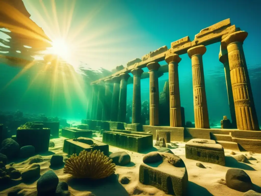 Descubrimiento arqueológico de Heracleion: los rayos dorados del sol iluminan las ruinas sumergidas de esta antigua ciudad