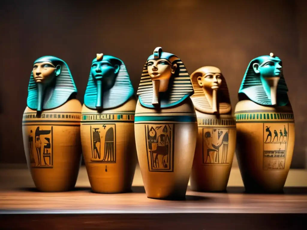 Recipientes sagrados del Antiguo Egipto: Detallada imagen de un juego de jarras canópicas antiguas
