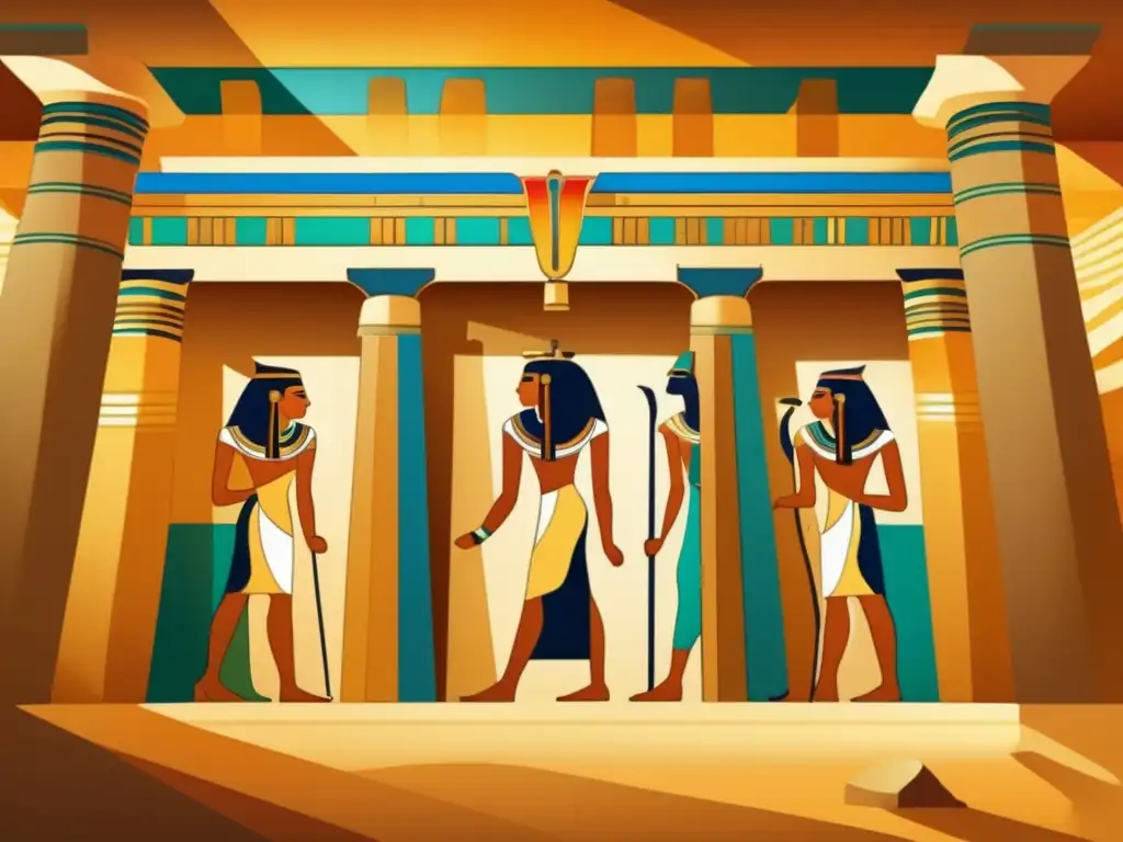 El redescubrimiento de la tumba de la Reina Nefertari, bañada en luz dorada entre pilares tallados, con hieroglíficos vibrantes
